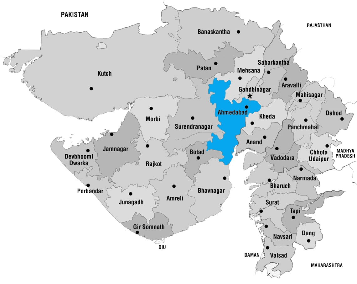 Map of Gujarat with Ahmedabad highlighted